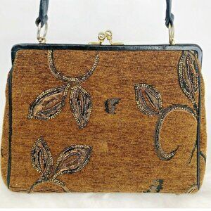 Christiana Handbag VTG Kiss Lock Beaded Brown Black Carpet  Bag Purse